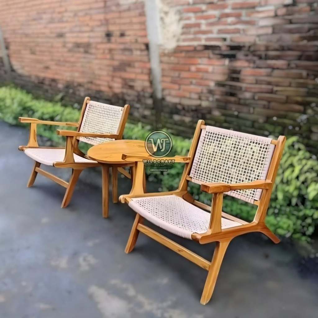 Set Kursi Teras Roxy 2 Kursi 1 Meja - Kursi Malas Jati Anyaman Rotan Lum