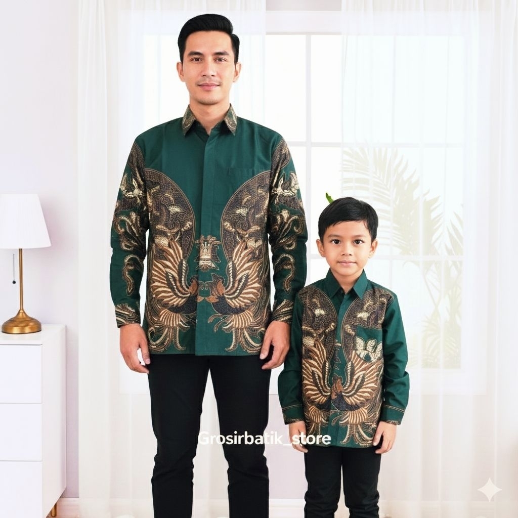 Baju Batik warna Hijau Botol/Kemeja batik pria lengan panjang Couple ayah dan anak premium katun fur