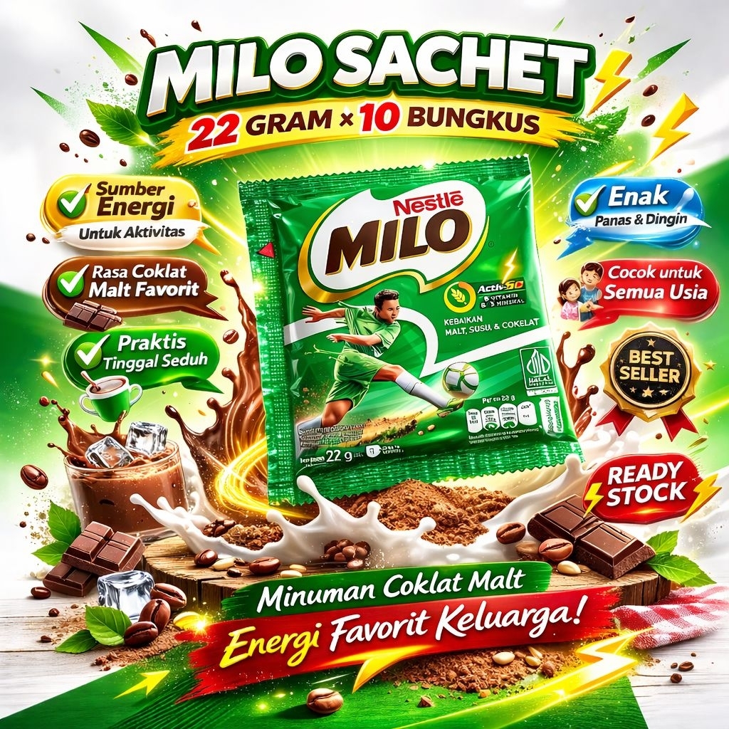 Milo Activ Go 10 Sachet × 22 gram - Susu Milo Renceng Susu Coklat Sachetan