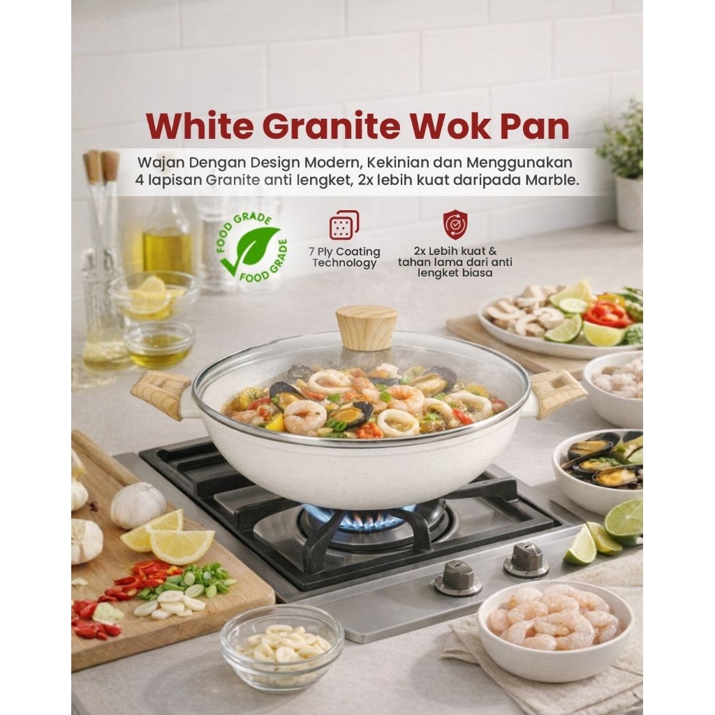 CYPRUZ White Granite Wok Pan 24 cm, wajan anti lengket