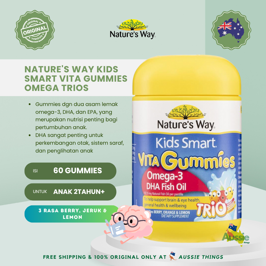 Exp 05/2027 Nature's Natures Way Kids Smart Vita Gummies Omega-3 DHA Fish Oil Trios 60s Vitamin Anak