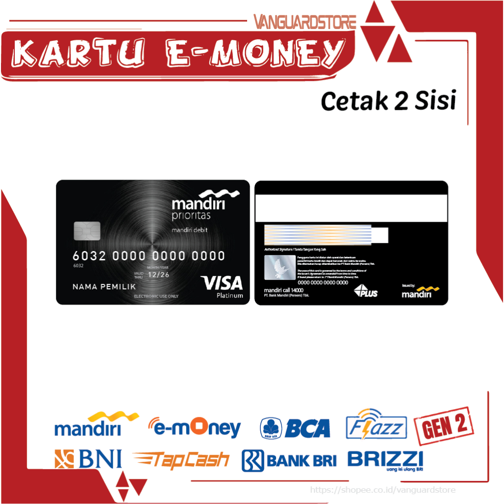 KARTU E MONEY DEBIT CREDIT CARD PRIORITAS BLACK MANDIRI FLAZZ BCA BNI TAPCASH BRIZZI BRI - 2 SISI