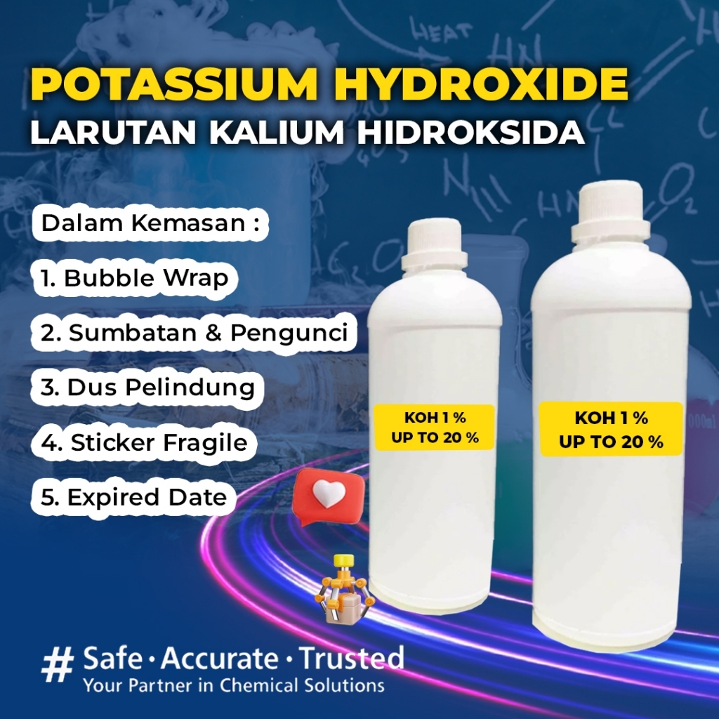 KOH 1 %, KOH 5 %, KOH 10 %, KOH 20 %, KOH 1 M – Larutan Kalium Hidroksida 1000 mL | Siap Pakai & Efe