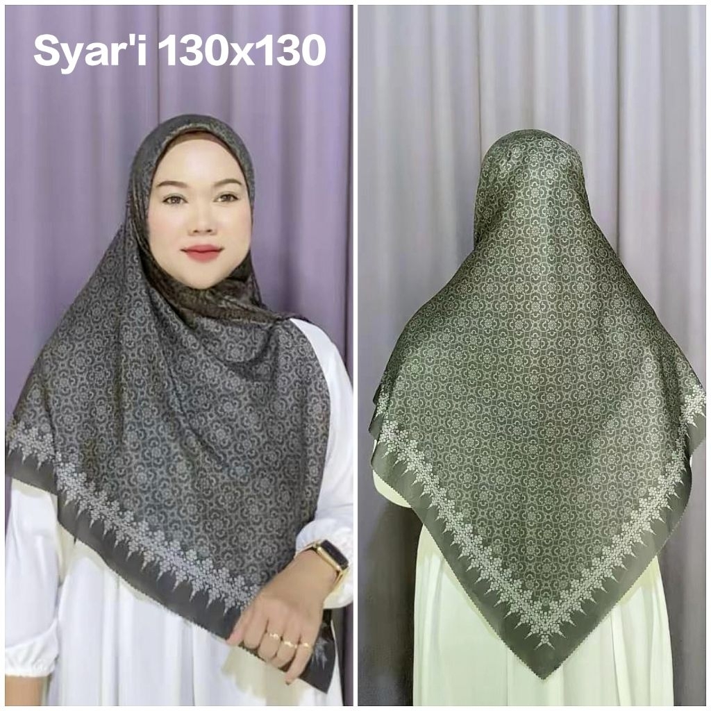 HIJAB SYAR'I JUMBO SEGI EMPAT VOAL MOTIF SUBLIME BUNGA SHABILLA HITAM UK 130X130