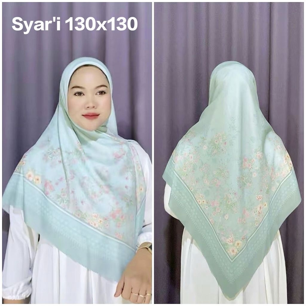 HIJAB SYAR'I SEGI EMPAT VOAL MOTIF BUNGA NAYRA HIJAU WARDAH UK 130X130