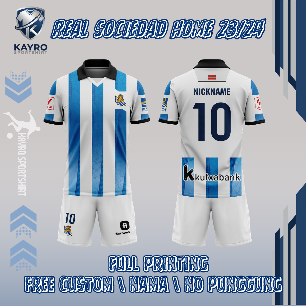 Jersey Bola Real Sociedad 2023/2024 Home Dry Fit Custom Nama dan No Pungggung Anak Dewasa Full Print