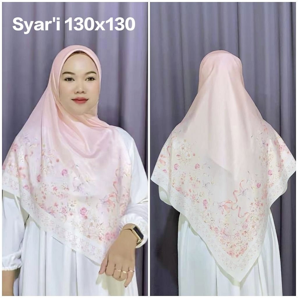 HIJAB SYAR'I JUMBO VOAL MOTIF BUNGA SEVILLA PINK SOFT UK 130X130