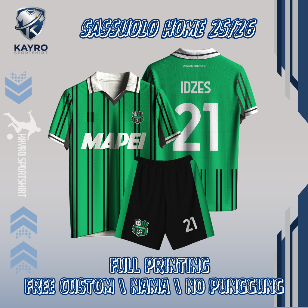 Jersey Bola Sassuolo FC 2025/2026 Home Jay Idzes Dryfit Premium Multiwarna Standar Full Printing Fre