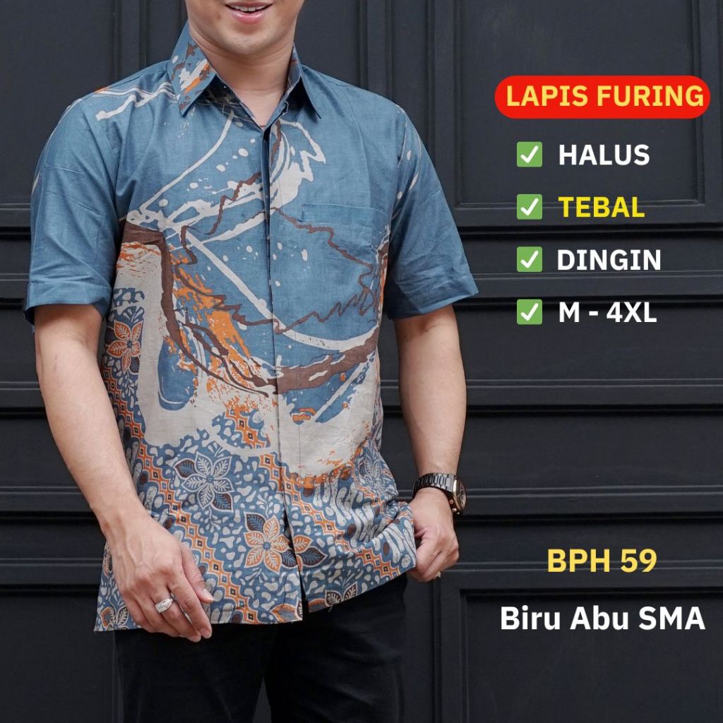 Batik Pria Lengan Pendek Lapis Furing Standar Jumbo Katun Premium Motif Warna Biru Abu BPH 59