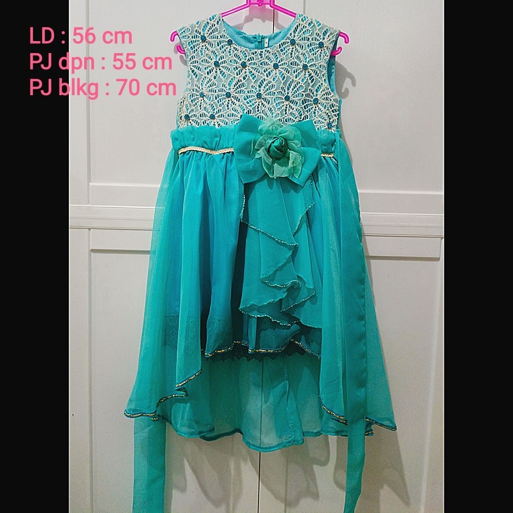 Baju Dress Pesta Anak Perempuan "BALLOON" Warna Biru Tosca - Sifon Brokat - Size 4 (Preloved/bekas)