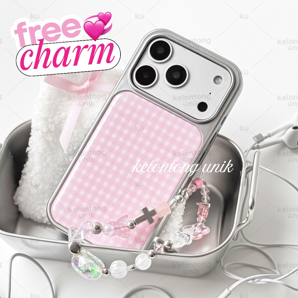 [DISKON 50% - FREE CHARM] KELONTONG UNIK | AMARA Blushy Gingham Silver List Pink Case - Hardcase/ Ca