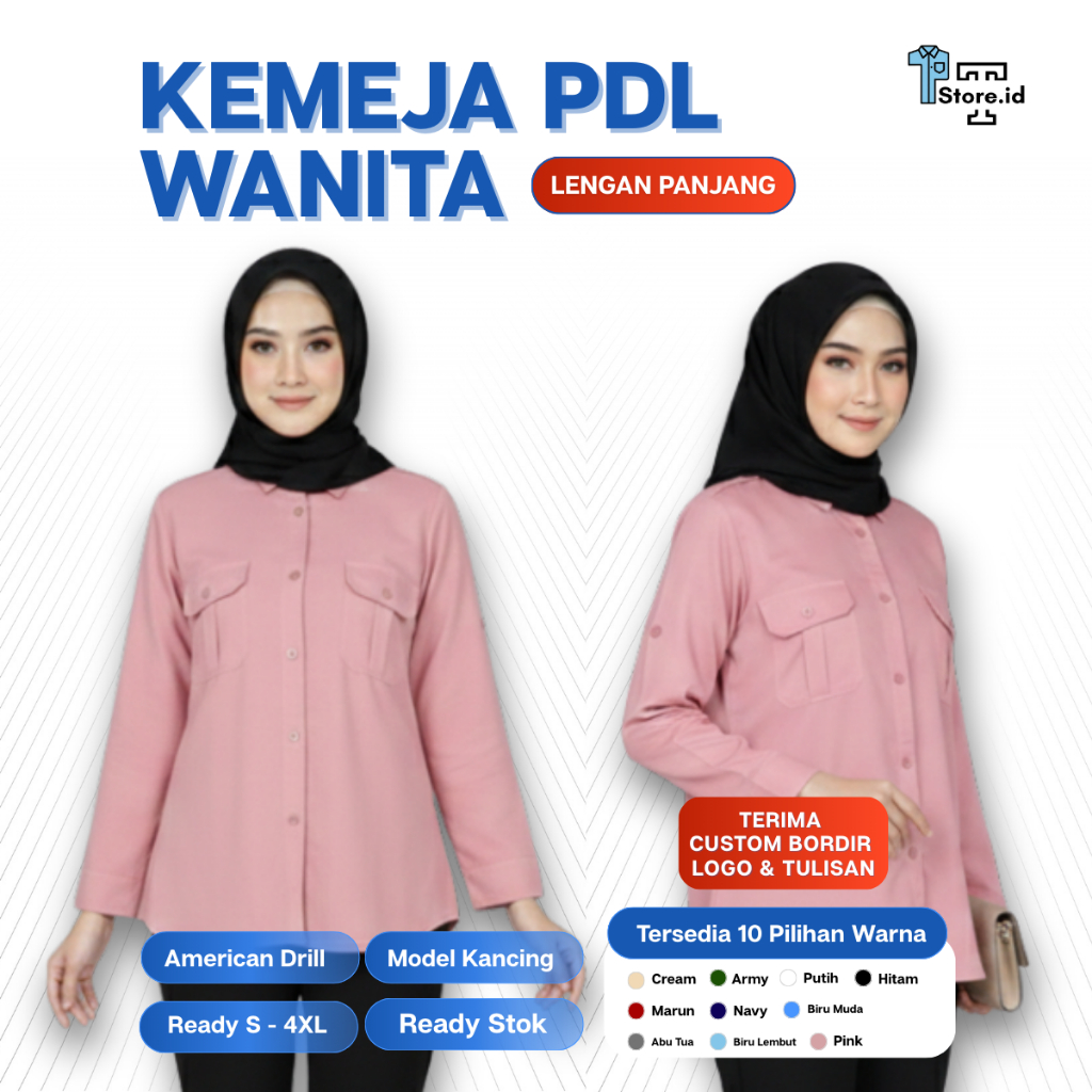 PDL Wanita Pink Baju Kerja Wanita/Baju Putih PNS /Kemeja PDL Lengan Panjang Custom Bordir Kemeja wan