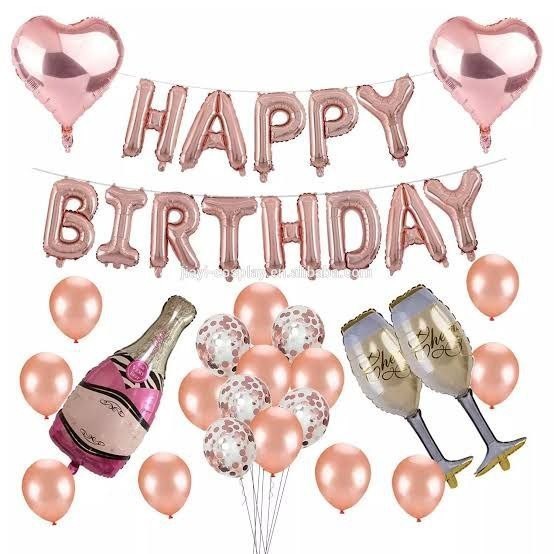[paket] birthday set balon confetti dan foil wine botol gold transparan ultah party rose gold