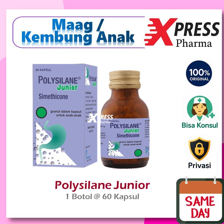 XPRESS  Polysilane Junior 60 Kapsul / Obat Maag dan Kembung Anak / Polisilane Polysilane Anak