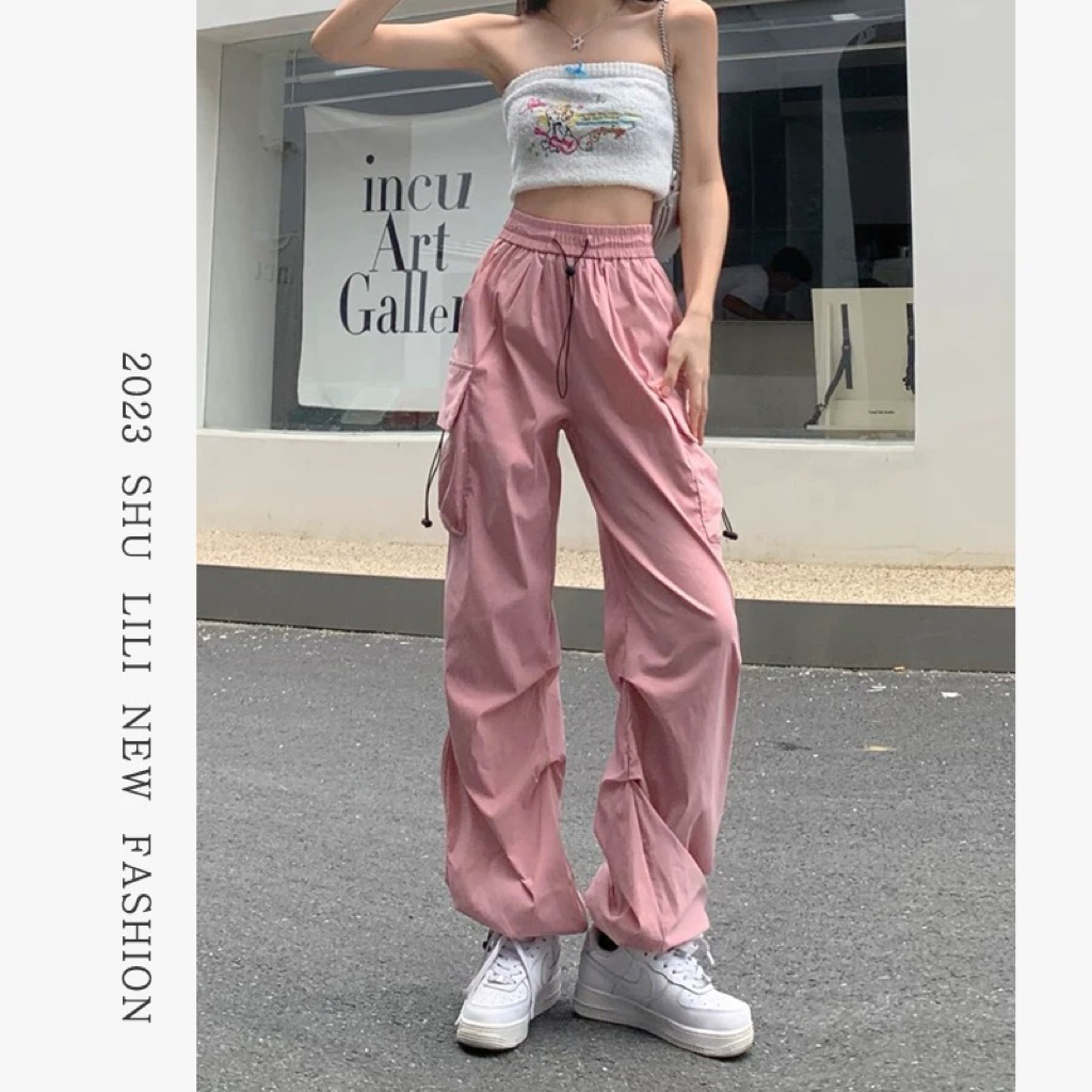 celana panjang kargo cargo wanita retro style cargo pants pocket celana merah celana pink