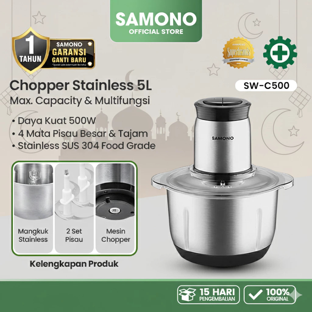SAMONO Food Chopper Stainless Steel 5 Liter coper daging dan bumbu chopper daging dan bumbu