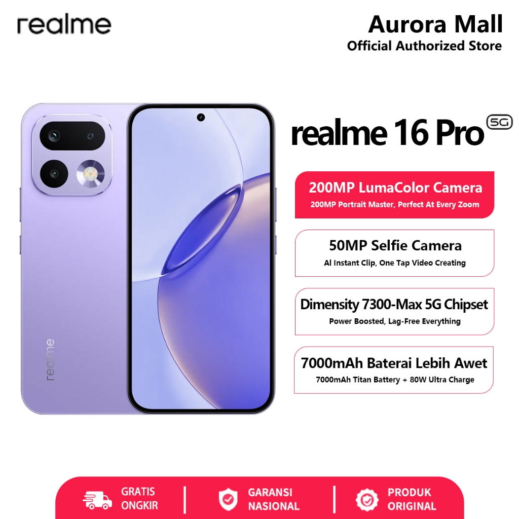 realme 16 Pro 5G 12/256GB (12GB+14GB Extended RAM) 200MP Camera HP Android Official Store Handphone