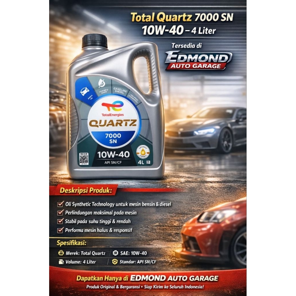 Total Quartz 7000 SAE 10W-40 4 Liter Api Service SN/CF Oli Mobil Mesin Bensin Pelumas Synthetic Clea