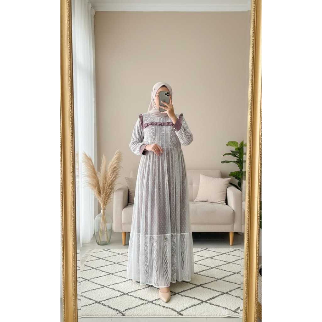 Gamis Brokat Busui Bumil Friendly Aqeela Dress Furing Crinkle Full Brukat Premium Zipper Depan Tanga