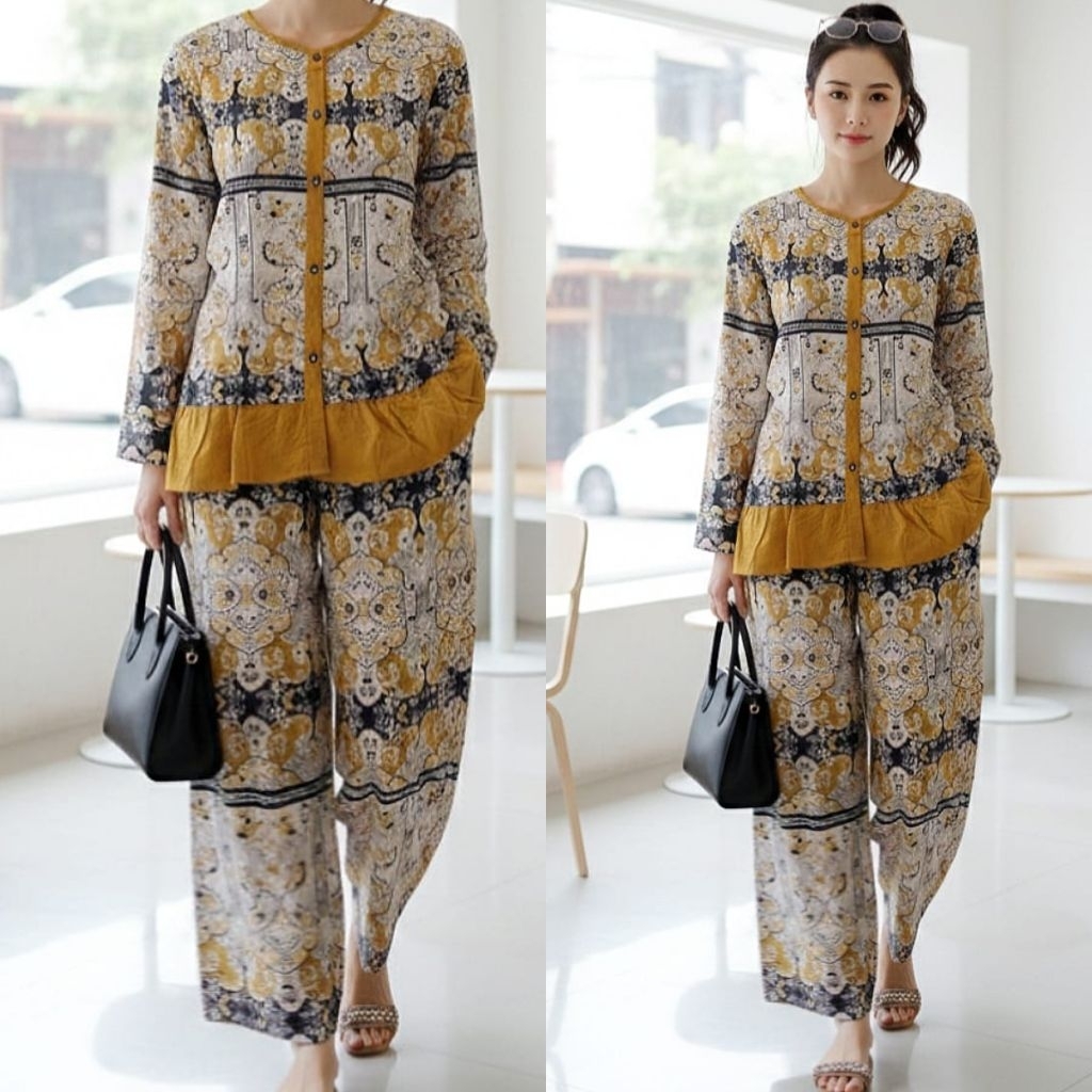 ZIZI SET SETELAN CPLP RAYON MOTIF SALUR  LENGAN PITA KERAH CIBI GARIS KOMBI CELANA POLOS CARGO NYAMA