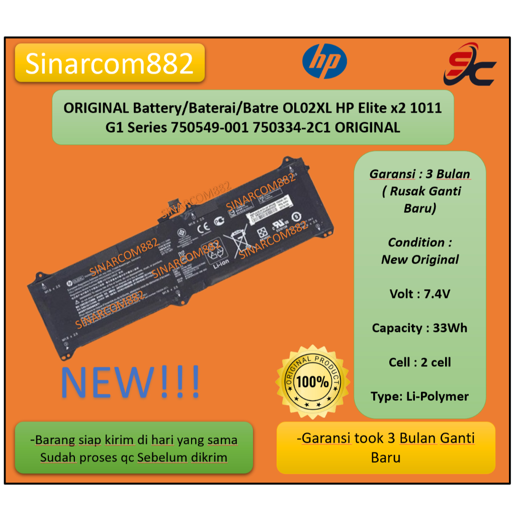 ORIGINAL Battery/Baterai/Batre OL02XL HP Elite x2 1011 G1 Series 750549-001 750334-2C1 ORIGINAL