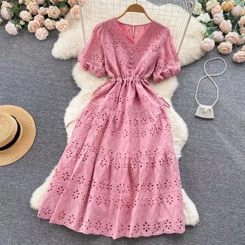 Dress Brokat Bordir Wanita Import – Midi Dress Cantik Elegan Lengan Puff, Dress Pesta / Kondangan / 