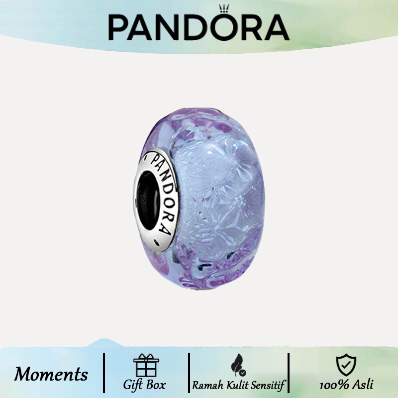 Pandora Charm Lavender - Gelombang Perak 925 dengan Glass Murano Ungu, untuk Kalung/Gelang DIY