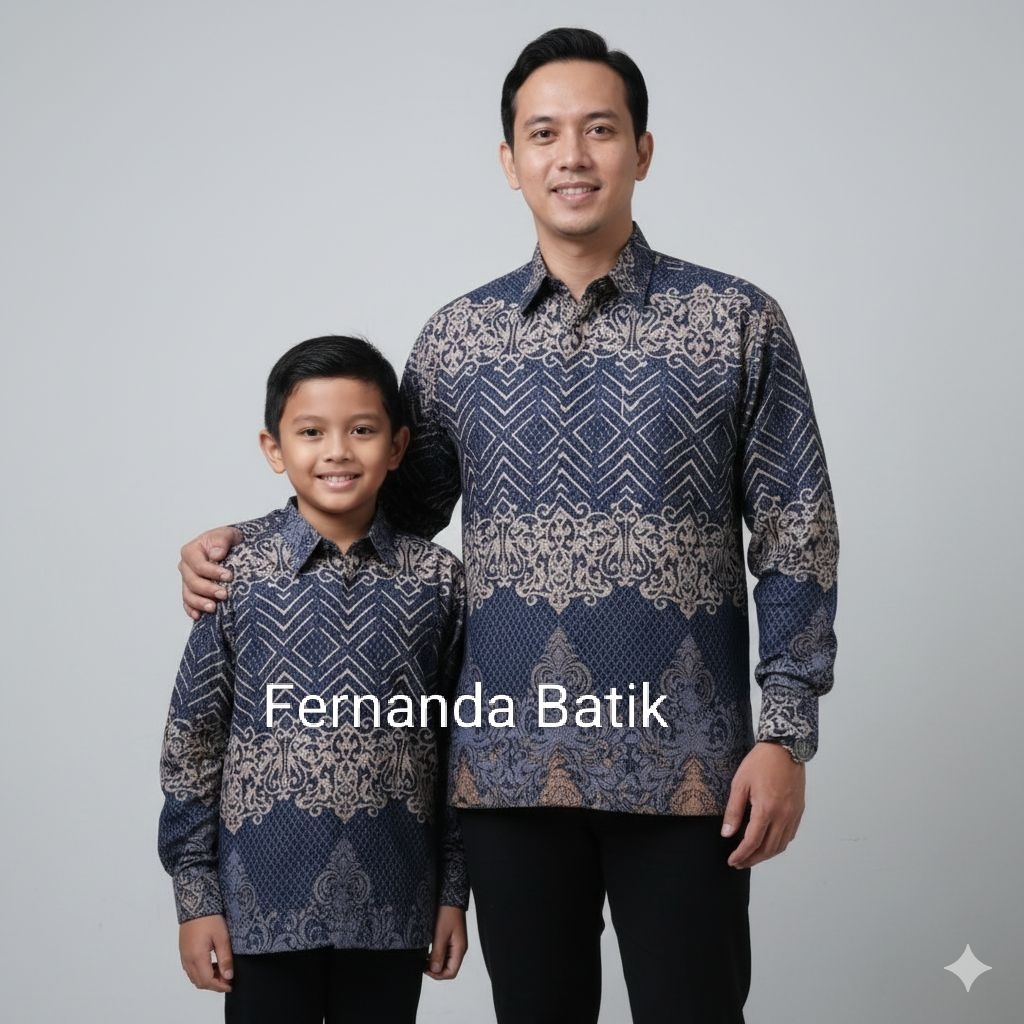 Solo, Warna Biru Dongker ,Kemeja Batik Couple Ayah Dan Anak, Bahan Katun Solo Premium, Warna Biru  D