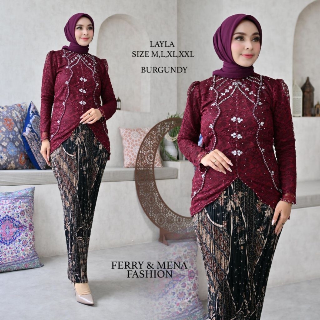 ( FREE HIJAB ) Kebaya Layla Terbaru Mix Payet Modern Bahan Brokat Rok Katun Silky Kebaya Lamaran Ter