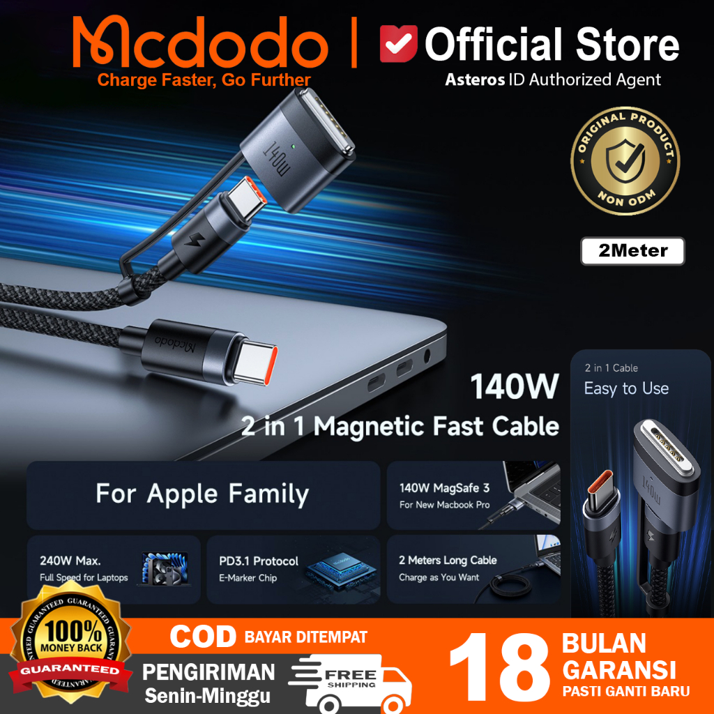 MCDODO Kabel 2in 1 Magsafe 3 + PD3.1 Type C Fast Charging 140w -240w Max