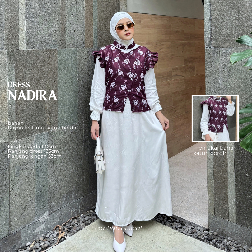 Cantiqu | Gamis Rayon Mix Katun Bordir Nadira Dress Wanita Dewasa Maxi | Ramadhan Series | Baju Leba