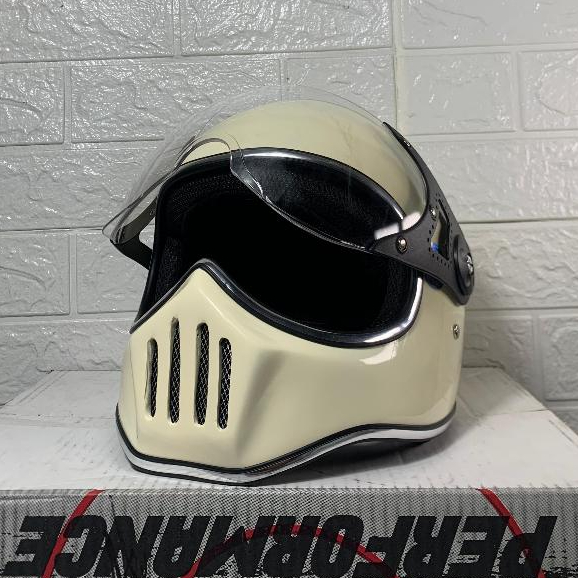 Helm Cakil Retro Custom Cream Lengkap Visor
