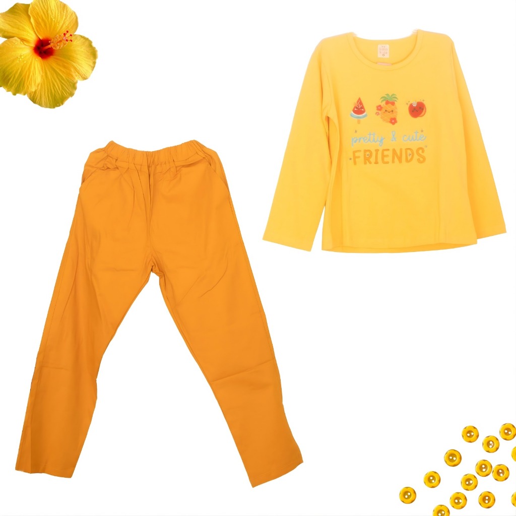 Setelan Baju Panjang Anak Perempuan Bahan Katun Premium Pretty and Cute Friends Kuning