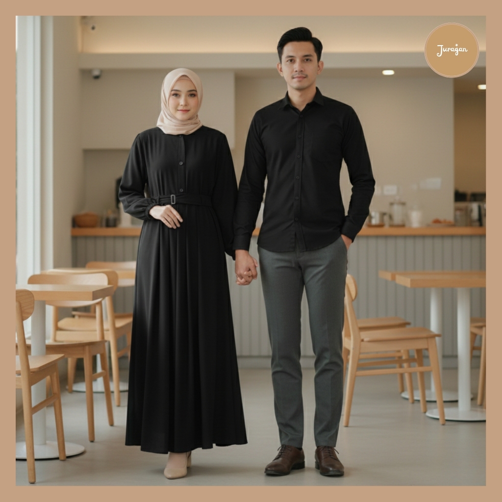 Gamis Couple Pasangan Harmonis Premium Set Kemeja Pria & Gamis Wanita Hitam by Juragan Baju Muslim