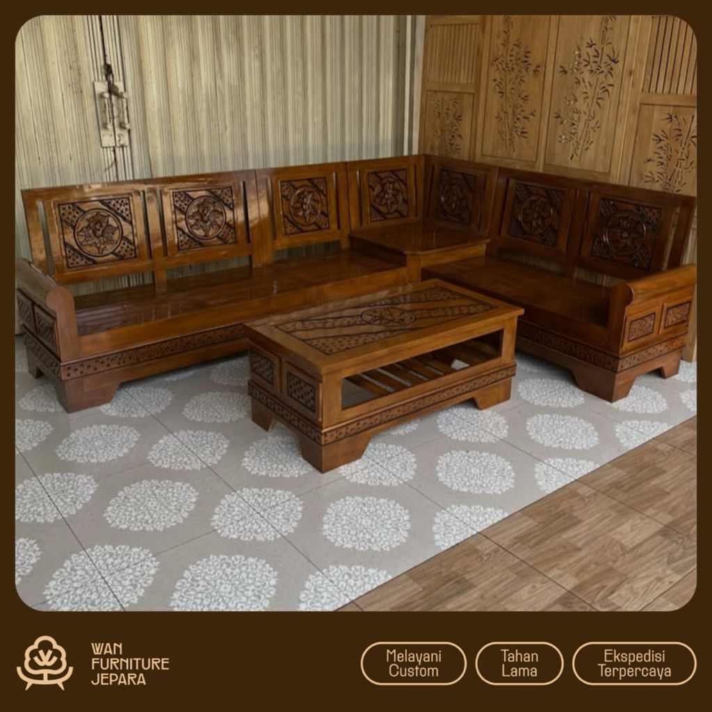 kursi tamu sudut kayu jati motif bunga