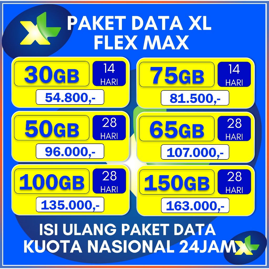 Paket Data XL FLEX MAX 30GB 75GB 50GB 65GB 100GB 150GB Kuota xl flex max NASIONAL