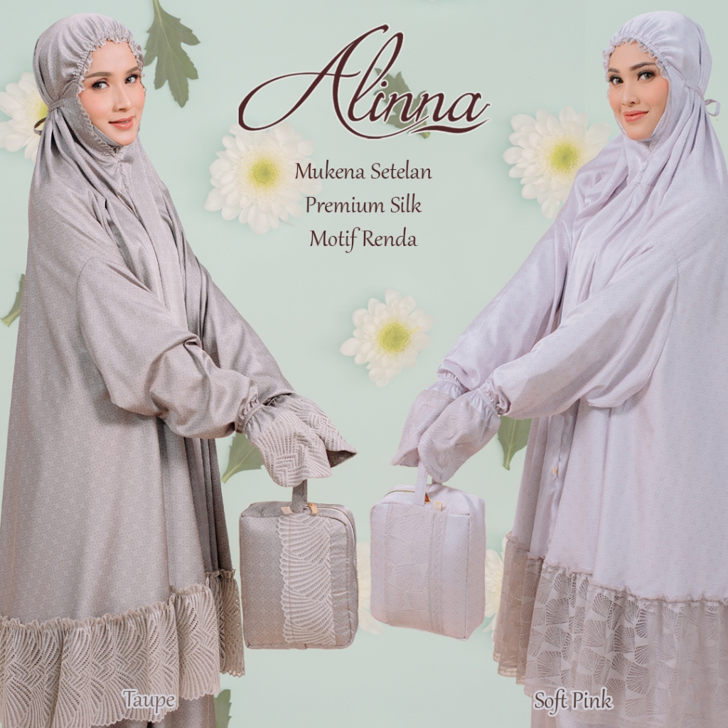 Mukena Alinna Setelan Potong Atas Bawah Berlengan Tangan Dagu Premium Silk Sutra Motif Simply Taupe 