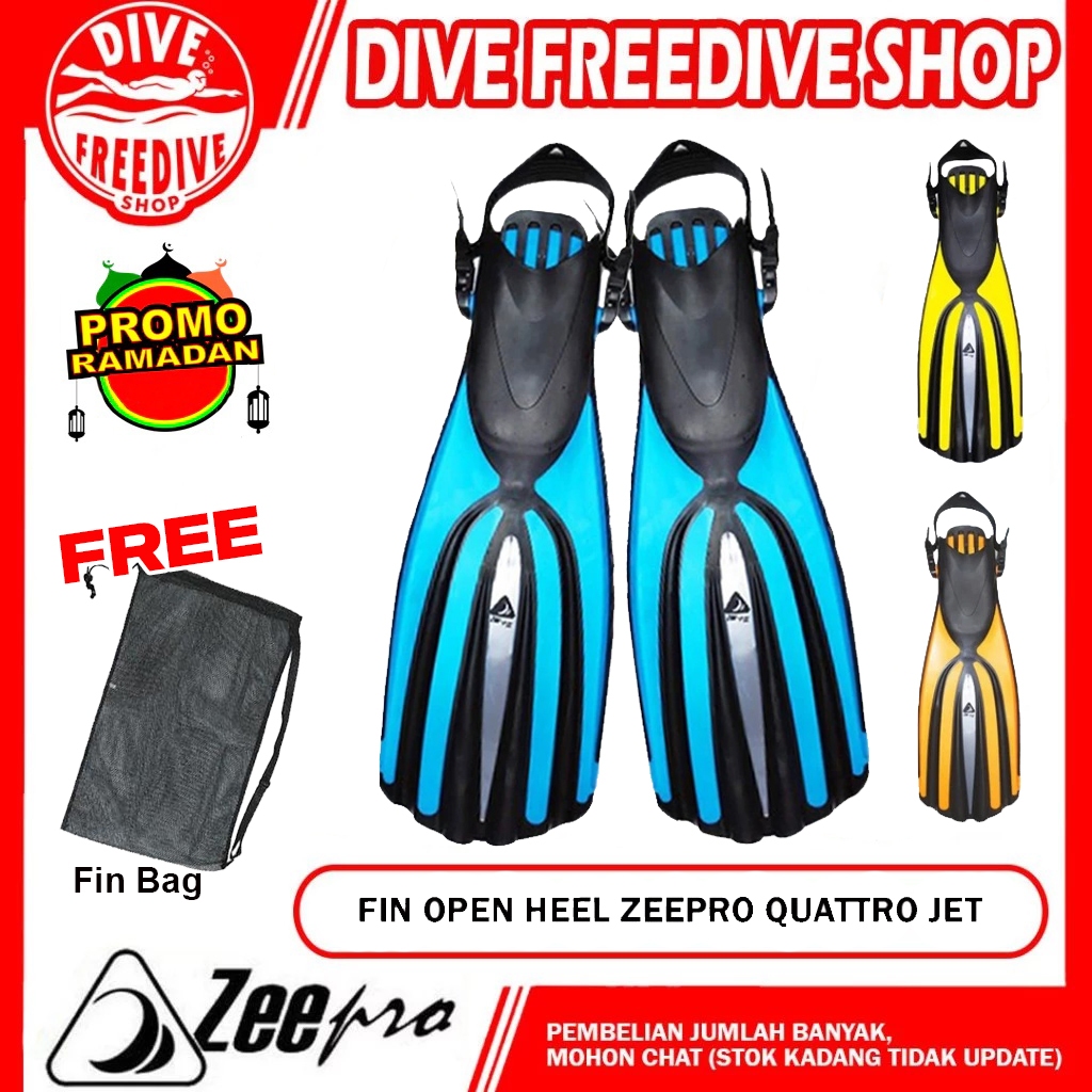 Fin Zeepro Quattro Jet Fins Open Heel Scuba Diving Kaki Katak Snorkeling Selam Sepatu Bebek Bi-fins