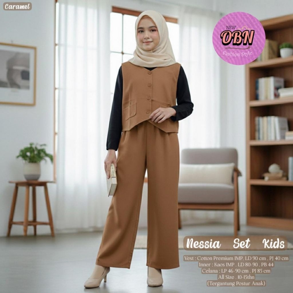 nessia set-  terre set 3in1 setelan celana  atasan rompi vest free inner anak perempuan usia 8-15th 