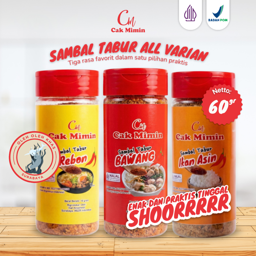 Paket Bundling Bubuk Cabe Sambal Tabur Cak Mimin 60gr Bawang Rebon Ikan Asin Pedas Siap Saji