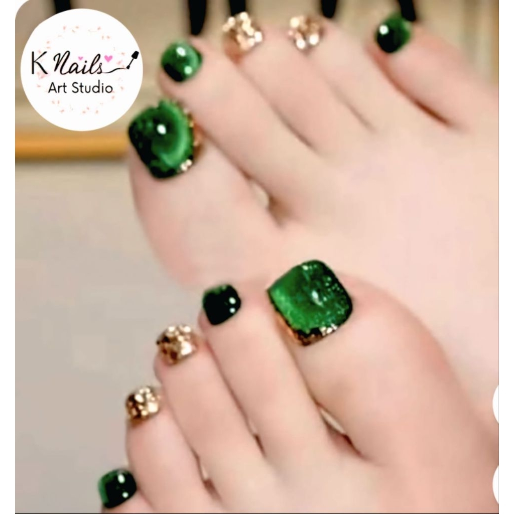 K nails/press on nail premium green cat eye+gold glitter