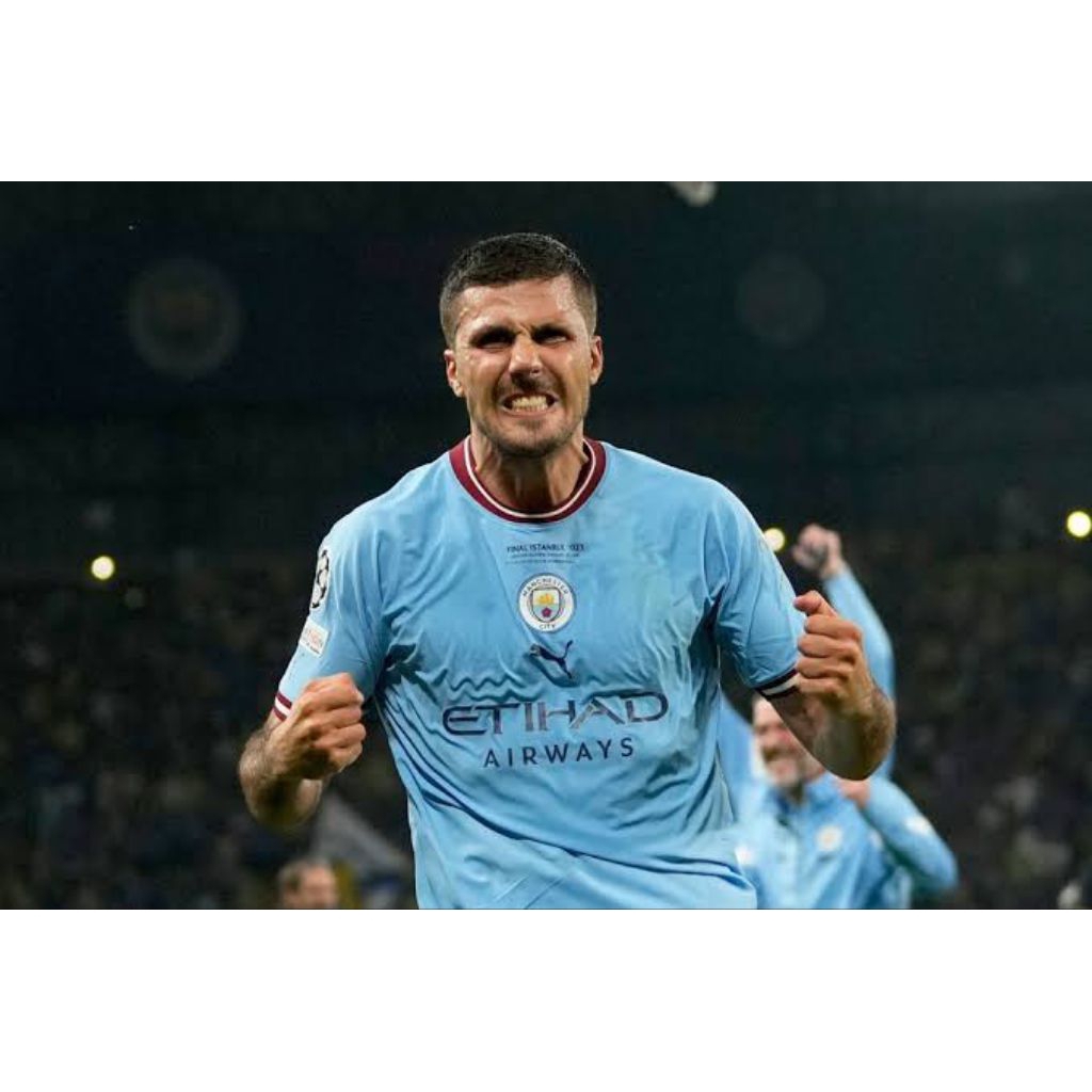 Gratis Nameset RODRIGO 16 + Full Patch Jersey Retro Manchester City Juara UCL 2023