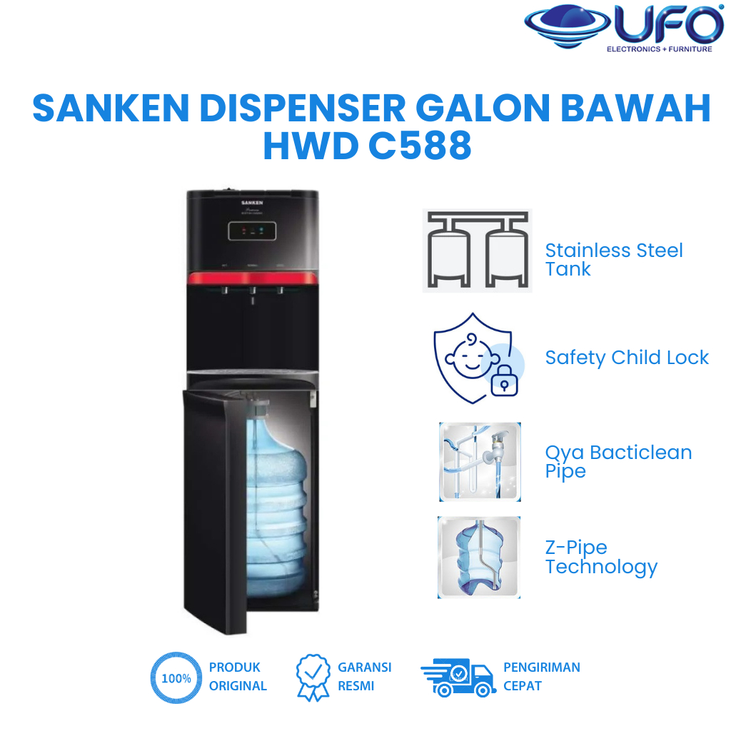 Sanken HWD-C588 Dispenser Galon Bawah Kompresor 3 Kran LED Display Air Panas Dingin Normal Low Watt