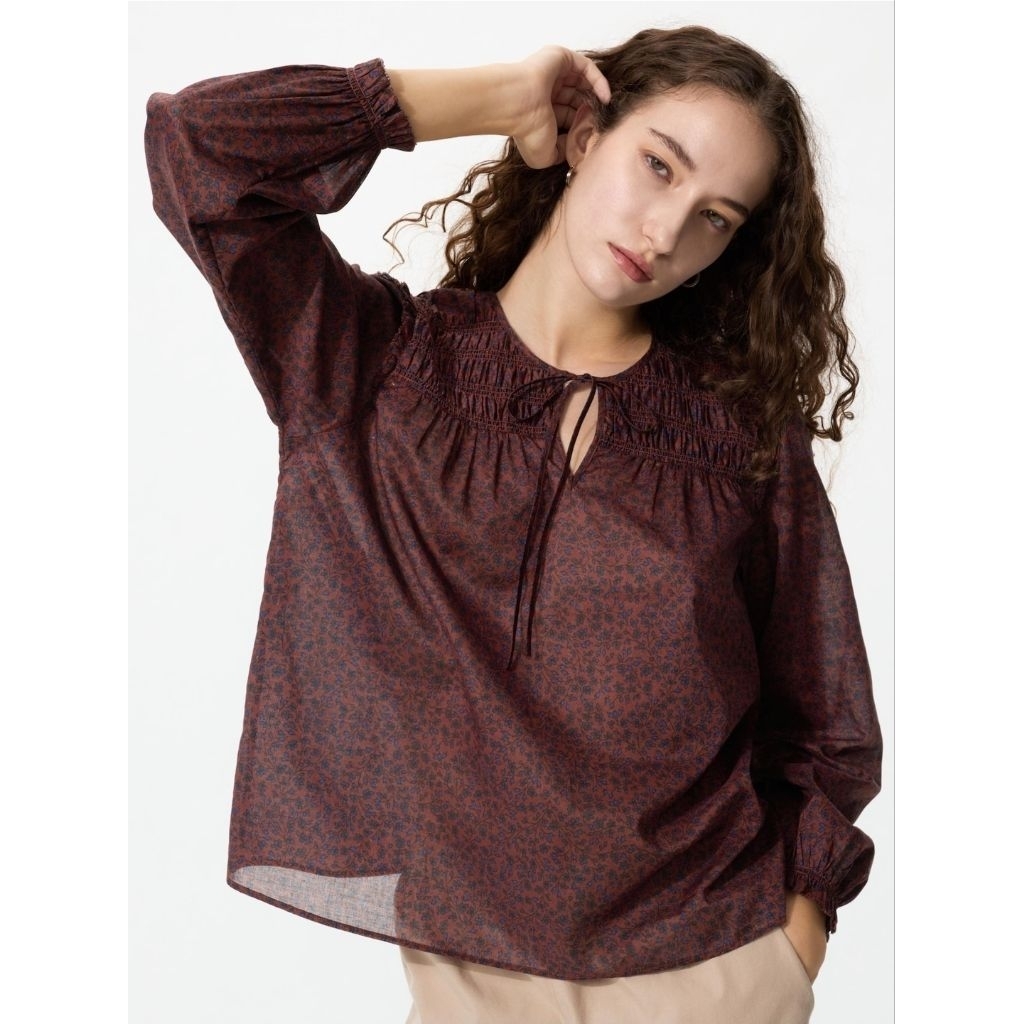 SALE WOMEN Blus Shirring Katun Ringan UNIQLO