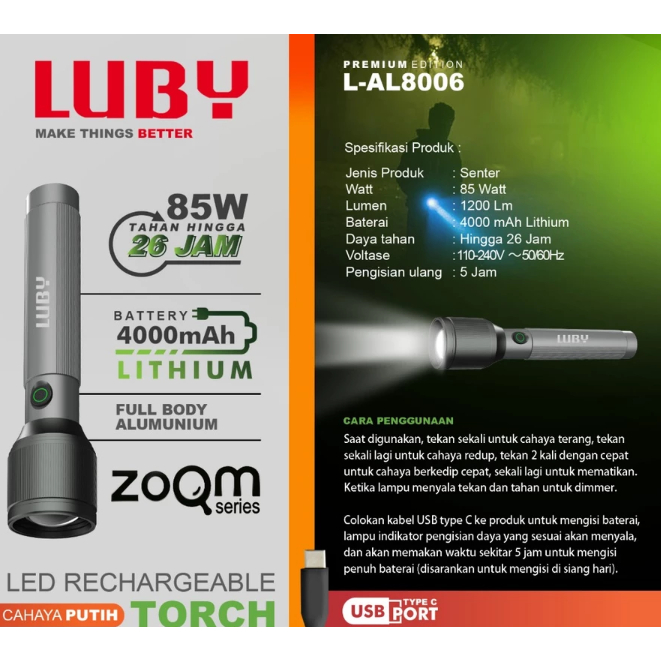 LUBY SENTER LED LUBY L-AL8006 85WATT BATERAI 4000MAH