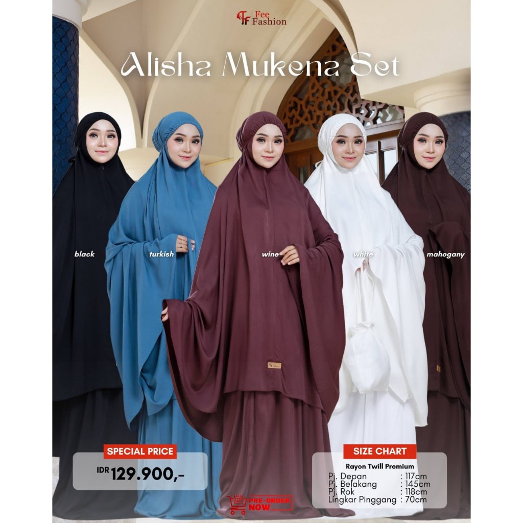 FEE FASHION Mukena Alisha Dewasa Set Mukena DewasaTerusan Rayon Twill Premium Zipper Karet Multiwarn