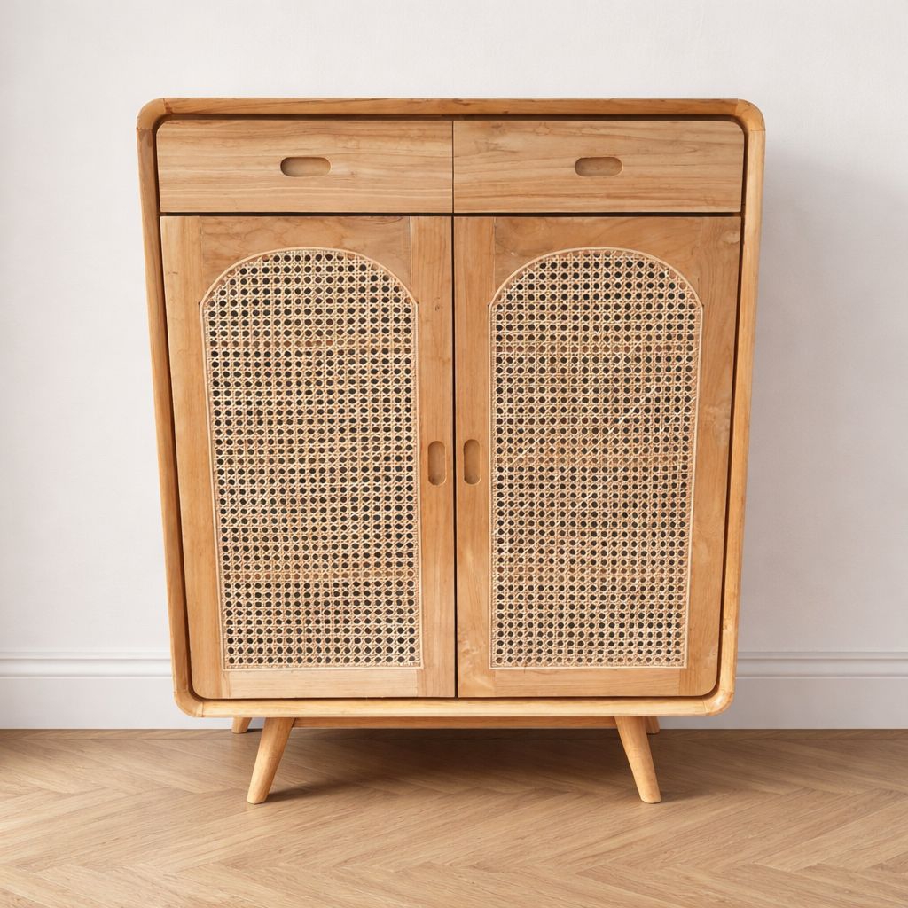 Rak Buffet Rotan Minimalis Natural Glossy – Lemari Kayu Estetik Japandi 2 Pintu Modern Aesthetic Rua