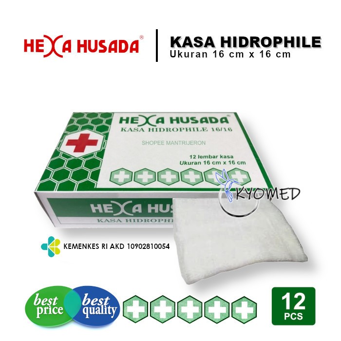 Kasa Steril Hidrofil 16x16cm isi 12 Lembar HEXA HUSADA - Kassa Steril - Kain Kasa [ Kyomed ]