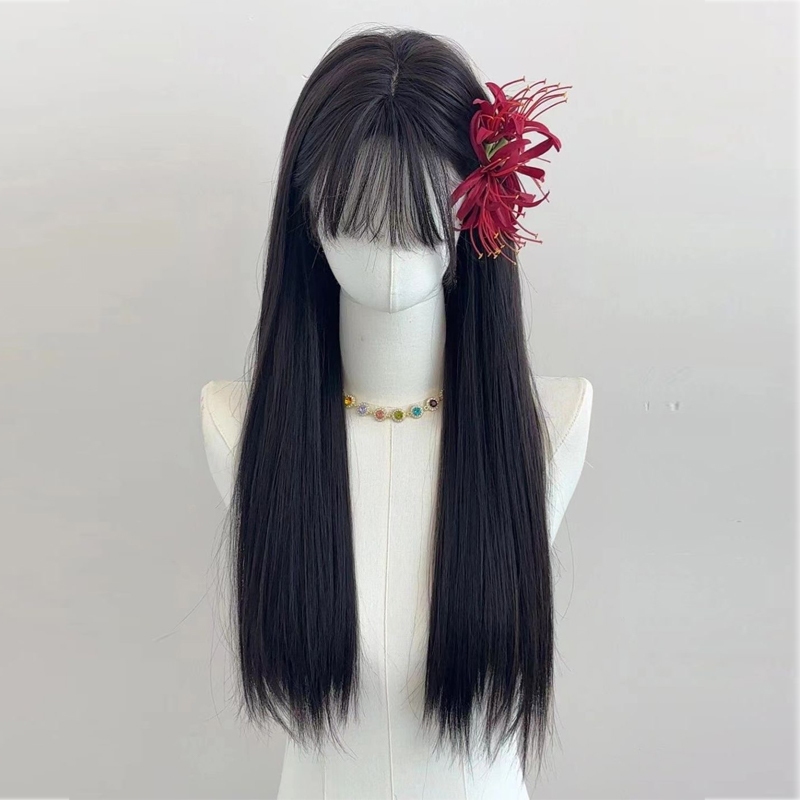 Rambut palsu panjang lurus Poni Lurus Wig wanita full kepala Wig korean style Rambut palsu wanita pa