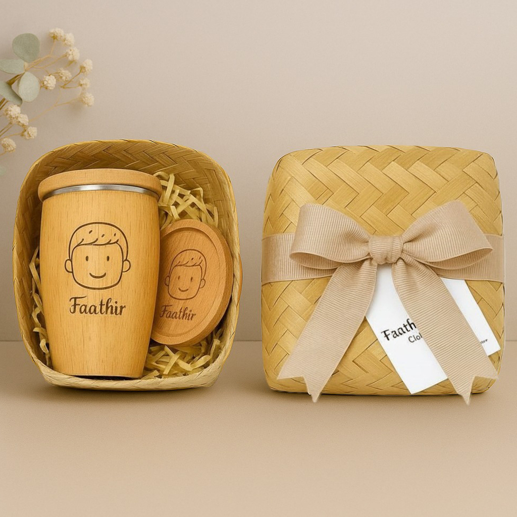SAVILLE - ARUNA [CUSTOM GRAFIR] Hampers Aruna - Tatakan, Gelas Kayu Stainless, Tutup, Packing Anyama